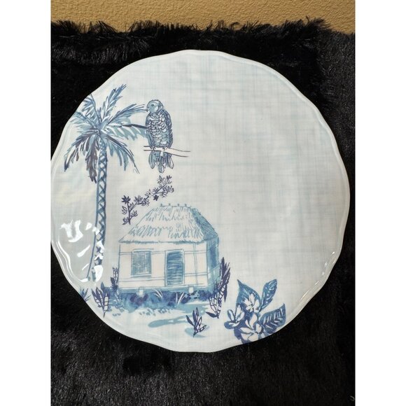 Tommy Bahama Tropical Melamine Dinner Plates Set Of4 Blue & White Palm Parrot - Picture 1 of 6